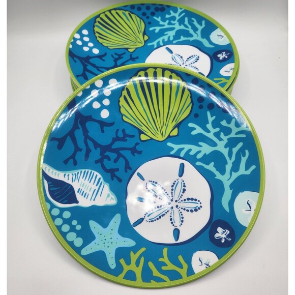 Sea Life Melamine 10.5" Dinner Plates Set of 6 Starfish Shells Coral Beach Pool - Picture 1 of 11